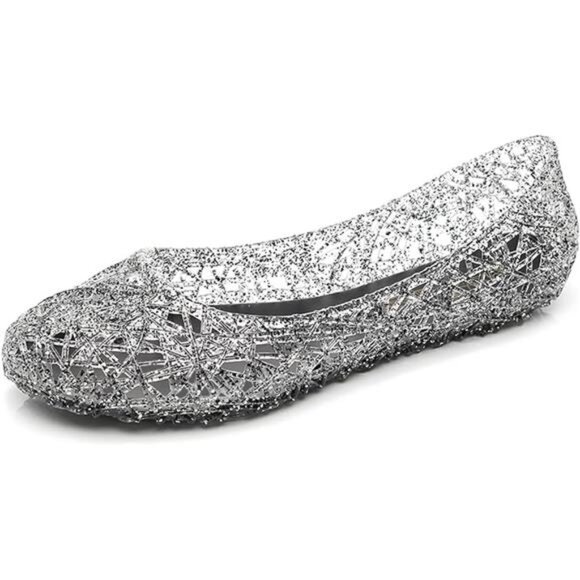 Womens Jelly Sandals, White Jelly Shoes Glitter Flats for Women Size 9, Slip On - Picture 7 of 7